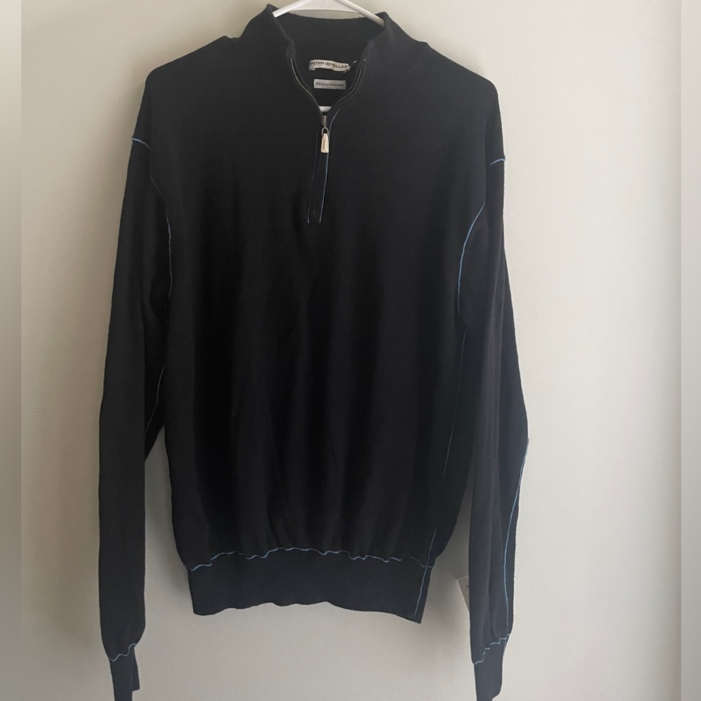 Peter Millar Black Cashmere Corded Contrast 1/4 Zip Sweater Size M